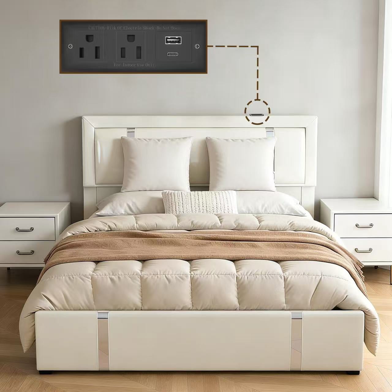 Mintazer Full Lift Up Storage Bed Frame with LED Lights & Charging Station, Upholstered Platform Bed with Adjustable Headboard for Bedroom, White