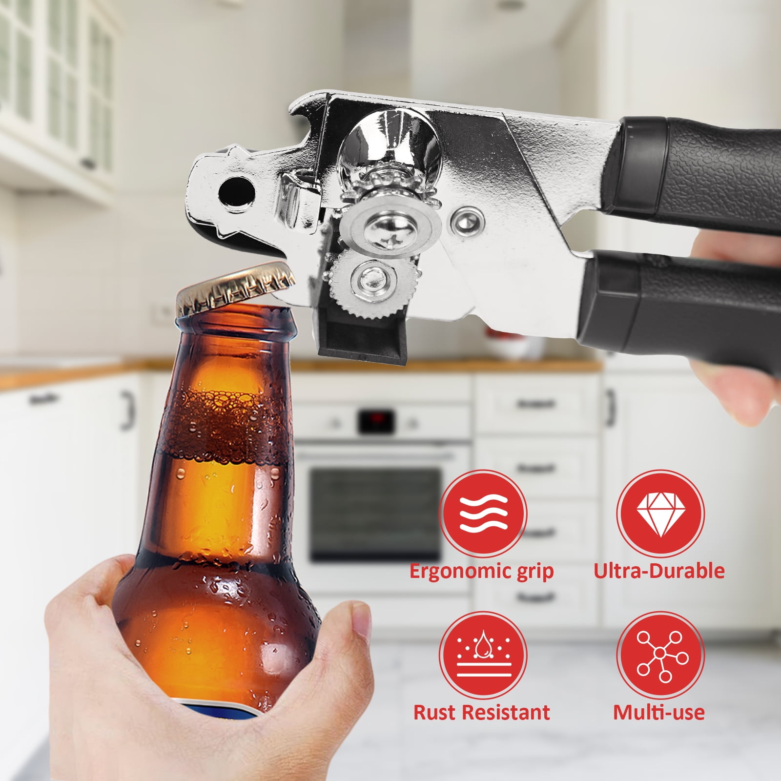 Integrated Manual Can Opener, Built in Bottle Opener, Smooth Cut, Manual Kitchen Multifunctional Tool, Black