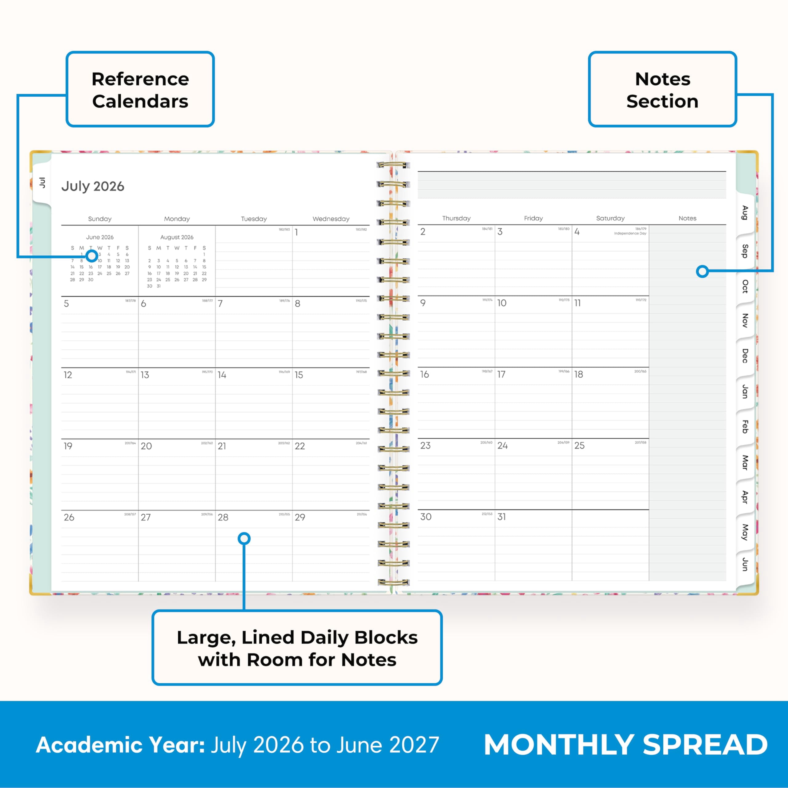 Blue Sky 2026-2027 Weekly and Monthly Academic Year Teacher Lesson Planner Calendar With Clipboard, July 2026 - June 2027, 8.5" x 11", Hard Cover, Wirebound, Laminated Tabs, Miah