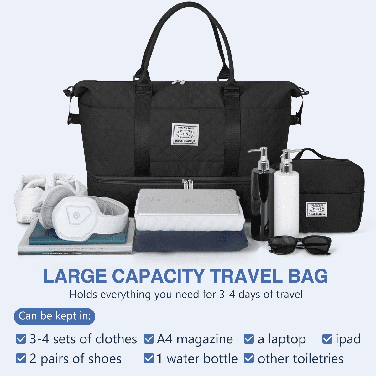 Travel Bag with Shoes Compartment, 40L Weekender Overnight Duffel Bag with Toiletry Bag and Shoes Bag, Gym Bag for Women with Wet Pocket, Personal Carry On Bag for Women, Travel, Gym, Weekend, Black