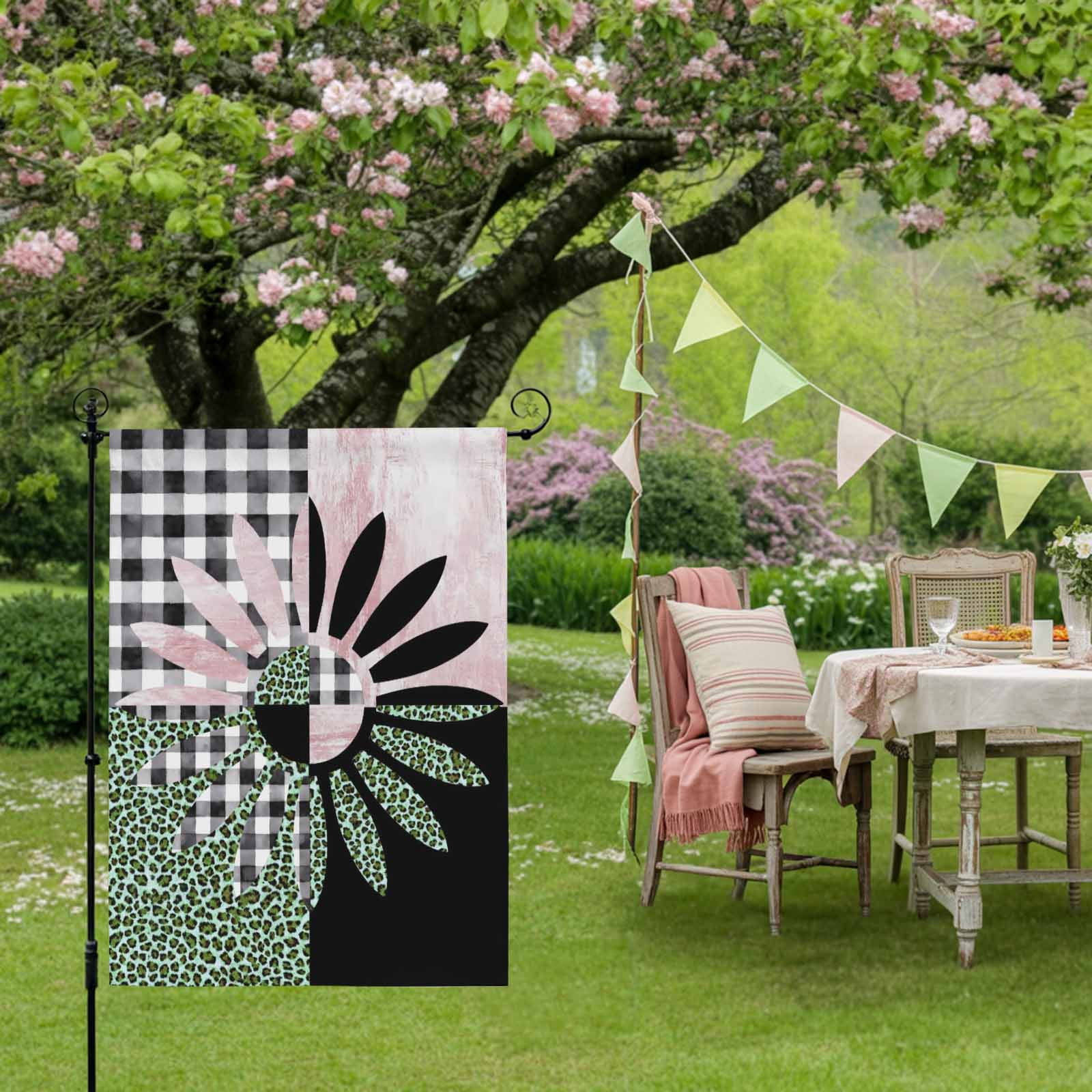Daisy House Flag 28 x 40 Inches, Black White Buffalo Check Leopard Black Pink Weather Proof Outdoor Patio Flags Double Sided Small House Decoration for Yard Lawn Outside Home
