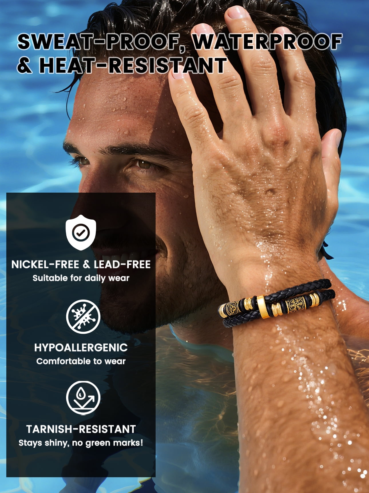 Bestyle Gold Plated Leather Bracelets for Men, Fashion Stainless Steel Celtic Beaded Wristband Gifts for Birthday Valentine's Day, 8.3 Inch