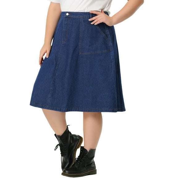 Unique Bargains Women's Plus Size Denim Casual A-Line Midi Skirt with Pockets
