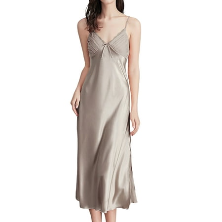 

Sanviglor Ladies Nightgowns V Neck Sleep Dress Solid Color Night Gowns Lounge Pajama Nightwear Sleepwear Camel XL