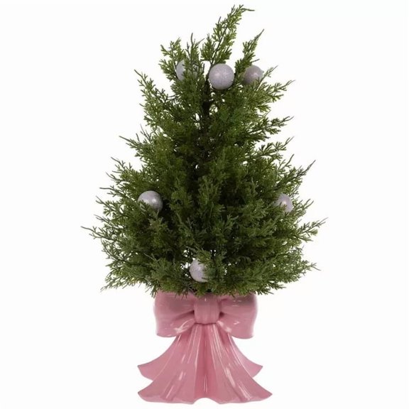 Cedar Tree With Bow Base, Pink Bow Base, 2Ft Christmas Tree Christmas Decor, Mini Christmas Tree with Christmas Accents, Christmas Decoration for Table Mantel Room, Ideal Winter Christmas Home Decors