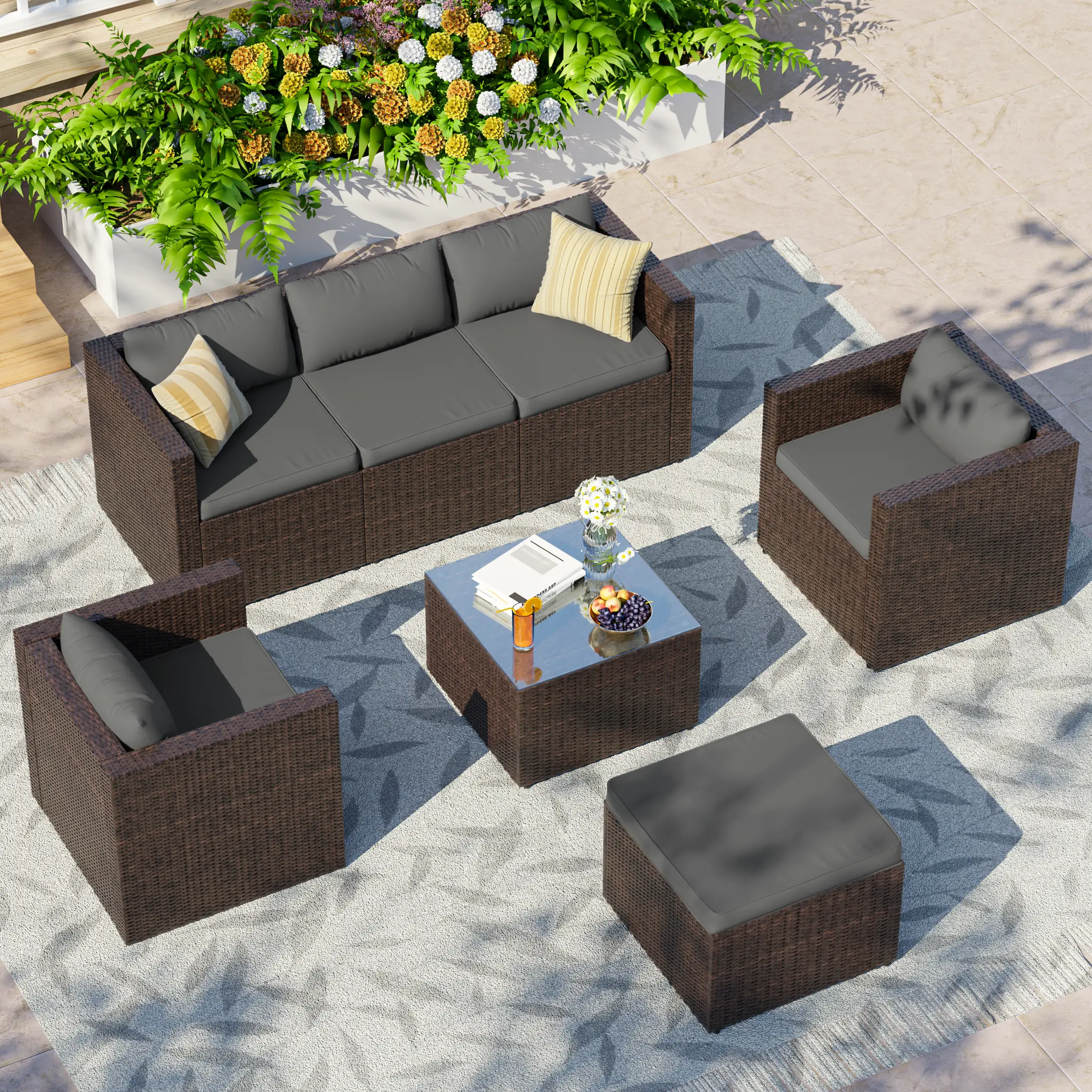 UDPATIO 7-Piece Patio Furniture Set,Outdoor Patio Furniture Set All-Weather Rattan Wicker Patio Conversation Set with Ottoman, Single Chair, Cushions & Glass Table for Garden & Backyard, Gray