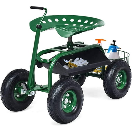 Rolling Garden Cart with Seat, Heavy Duty Gardening Scooter w/Wheels, Storage & Extendable Steering Handle, Garden Work Seat for Planting, Green