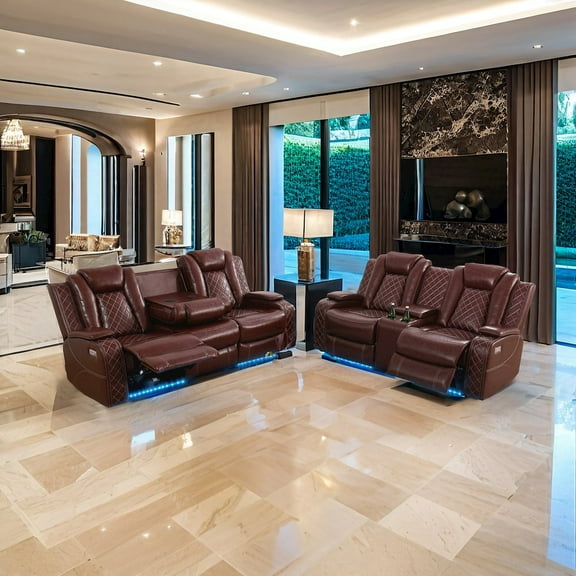 FUOROLA 2 Pieces Faux Leather Power Recliner Sofa With Led, Cup Holder And Storage