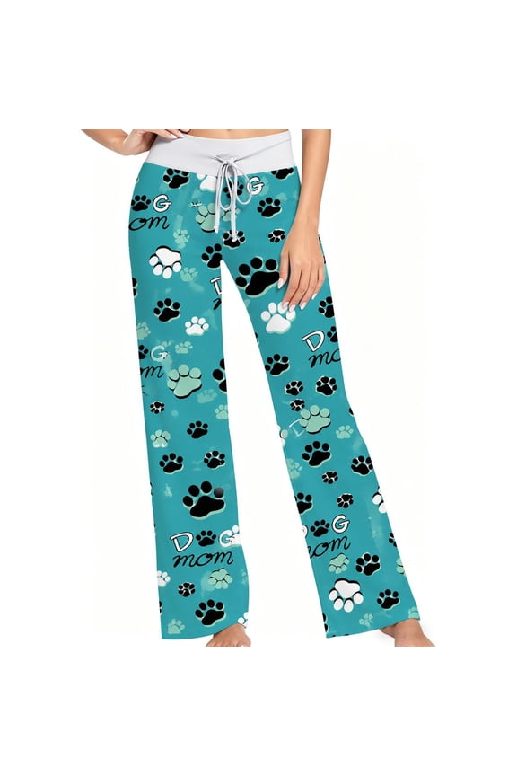 Women Pajama Pants Dog Mom Paw Print Pattern Teal Blue Soft Lounge Sleep Pants Casual Comfy Loose Fit Pajama Bottoms With Elastic Waist Perfect Gifts For Birthday Holidays.