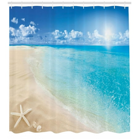 - Beach Shower Curtain, Sunny Summer Seashore with Clear Sky Seashells Starfish Clouds Aquatic Picture, Fabric Bathroom Set with Hooks, Aqua Cream Blue, by Ambesonne