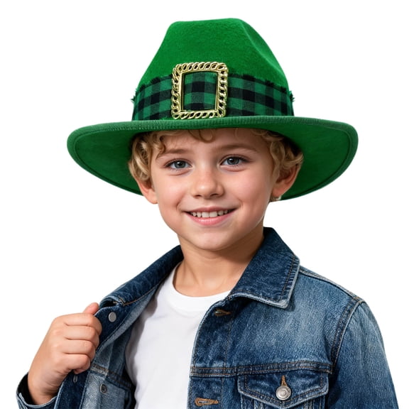 DFEK St Patrick's Day Themed Green Plaid Gold Buckle Trim Denim Style Kids Top Hat for Stage Performance and Party Events Green 3-6 Years