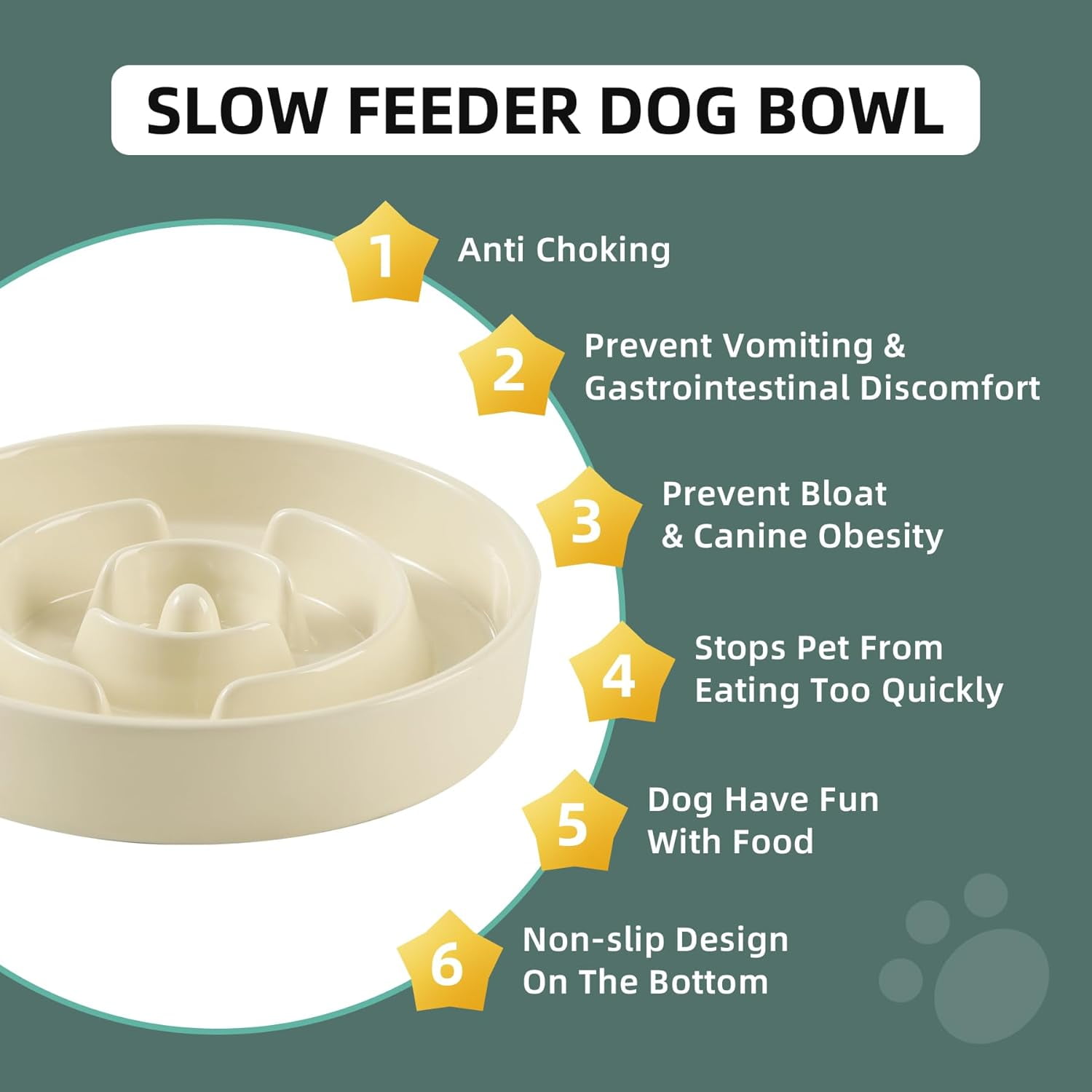 Ceramic 1.2 Cup Raised Slow Feeder Dog Bowl Set, Elevated 6.1inch Bowl and 7.3inch Puzzle Slow Food Dish with Wooden Stand for Medium and Small Dog, Anti-Gulping (2 x Brown Coffee+ Stand)