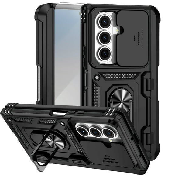 Dteck Case with Front Tempered Glass Screen Protector for Samsung Galaxy Z Fold 7,Shockproof with Slide Camera Cover Built-in 360° Rotate Ring Kickstand Hinge Protection Pen Holder Cover,Black