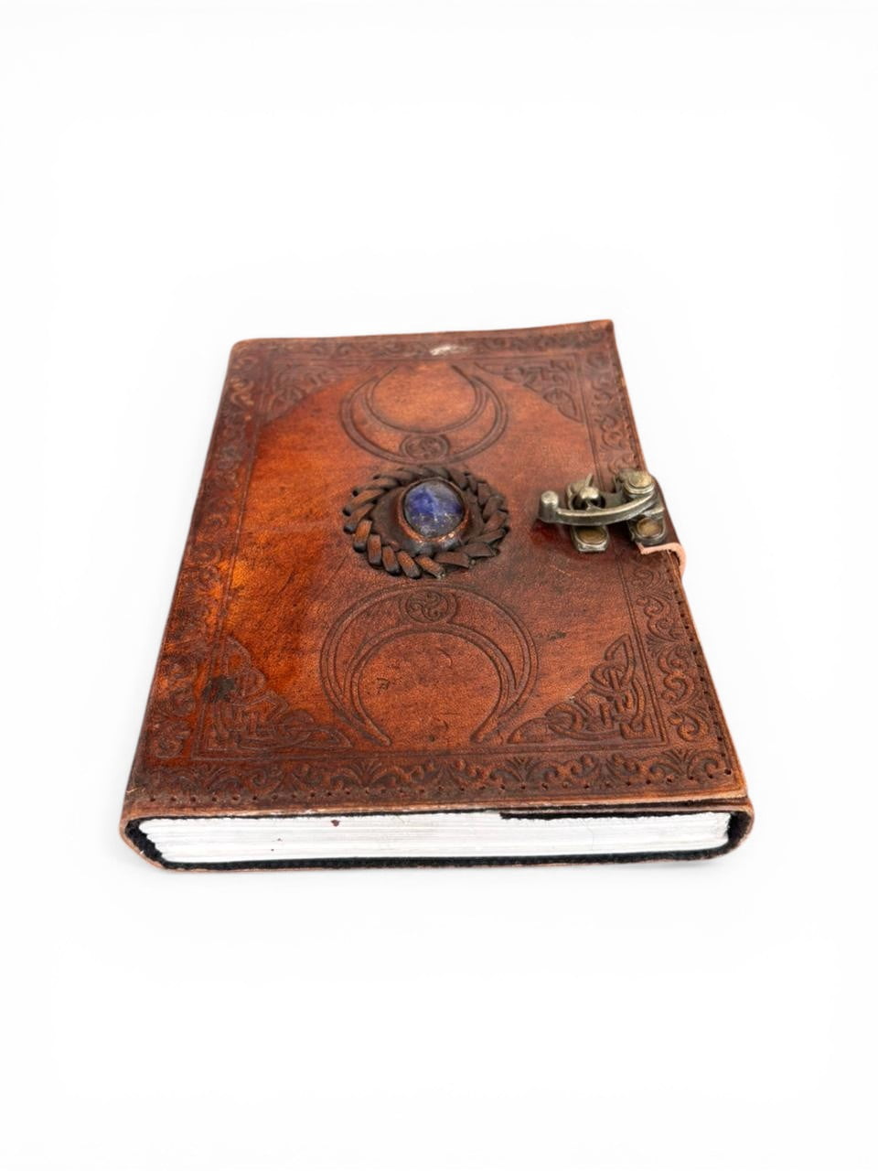 Handmade Leather Journal with Lock & Stone – White Drawing Paper Notebook, Vintage Embossed Diary, Sketchbook (5x7)