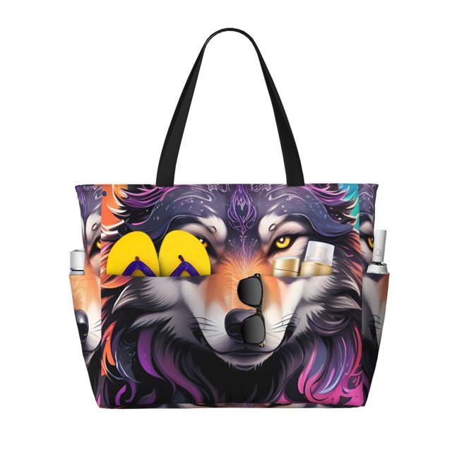 Disketp Colorful Wolf Head A Bolsa de Playa de Gran Capacidad, Bolso Impermeable y a Prueba de Arena para Mujer, Ideal para Playa, Piscina y Natación