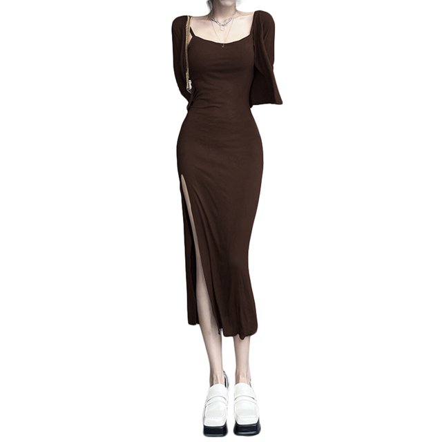 Txlixc Vestido de mujer de moda medio largo con tirantes sin mangas de color sólido y tirantes de hombro delgado Txlixc moda