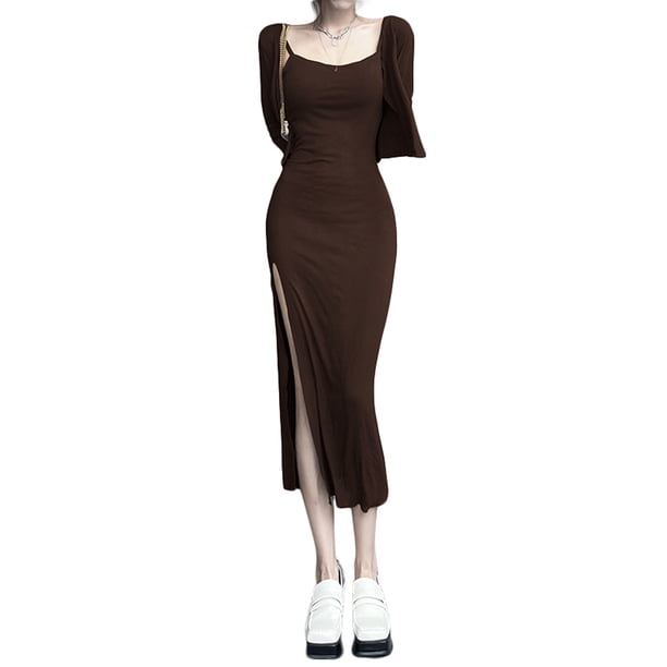 Txlixc Vestido de mujer de moda medio largo con tirantes sin mangas de color sólido y tirantes de hombro delgado Txlixc moda