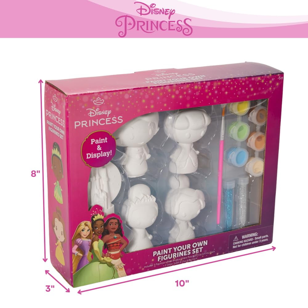 Disney Princess DIY Paint Your Own Figurines Arts and Crafts Set for Girls, Paint, Paint Brush, and Glitter – Cinderella, Belle, Tiana, Jasmine, and Princess Castle