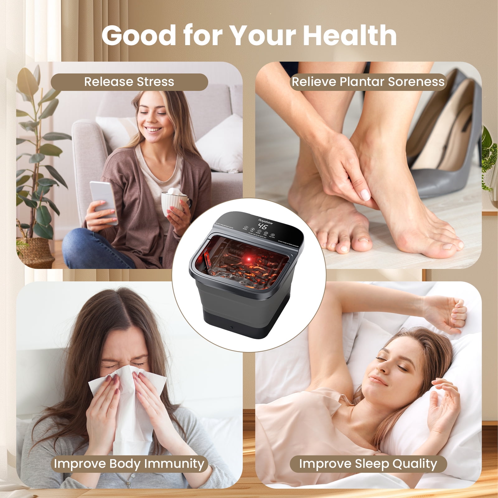 Collapsible Foot Spa, Foot Bath Massager with Heat, Bubble, Red Light, Temperature Control, Remote Control, Shiatsu Massage Rollers, Pedicure Foot Spa for Stress Relief