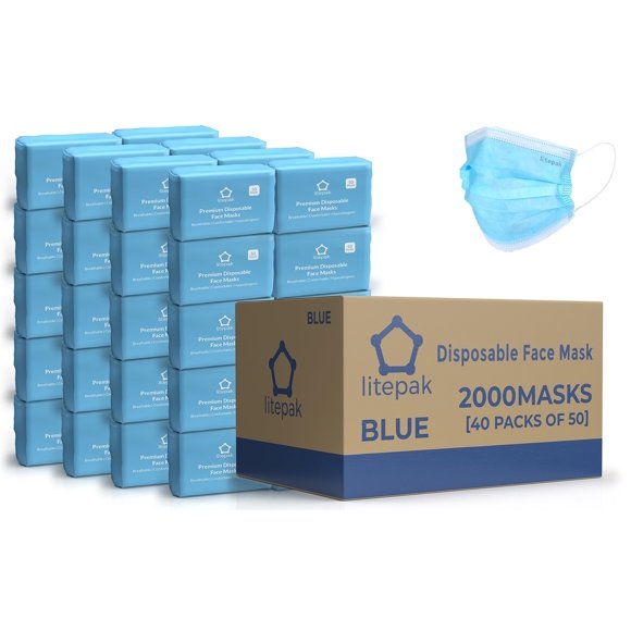 Mascarillas desechables Litepak de 3 capas, azules, 2000 unidades