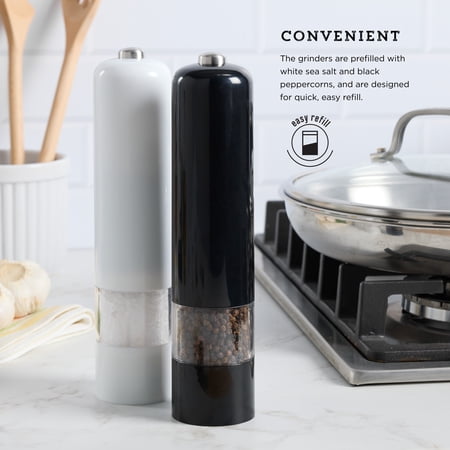 KAMENSTEIN 8-INCH BATTERY OPERATED PREFILLED SALT & PEPPER GRINDER SET, BLACK & WHITE