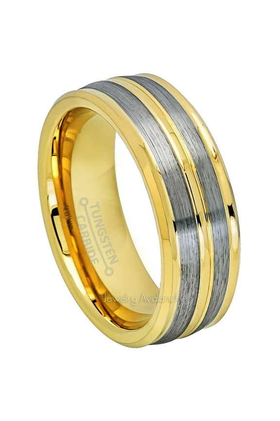 2-Tone Tungsten Carbide Mens Wedding Band - Comfort Fit Double Ridge Gold IP Tungsten Anniversary Ring -#703WFs12