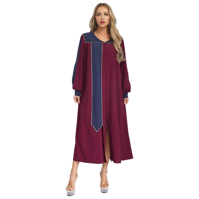Ocealan Womens Color Block Choir Robe Minister Pastor Robe Puff Sleeves Split Zipper Front Gown Graduation Gown Burgundy L