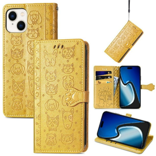 Funda Cartera FOXDOCK para iPhone 15 , Flip PU con Relieve de Gatos y Perros, Tarjetero y Soporte