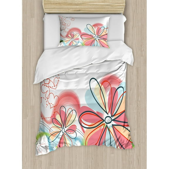 Colorful Duvet Cover Set, Floral Haze Pattern with Heart Love Spring Influences Work of Art, Decorative 2 Piece Bedding Set with 1 Pillow Shams, Twin Size, Multicolor, by Ambesonne