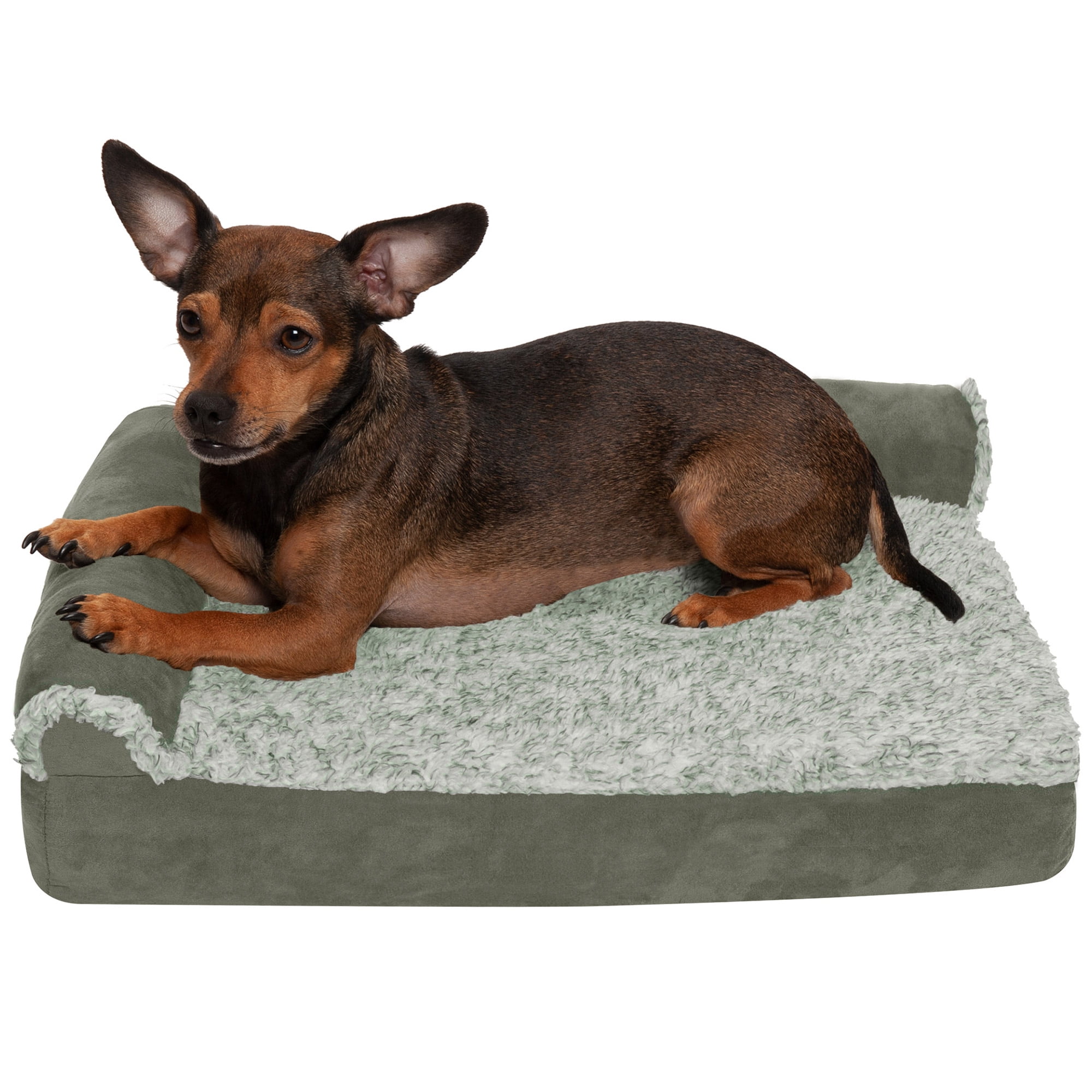 FurHaven Pet Dog Bed | Deluxe Orthopedic Faux Fur & Suede L-Shaped Chaise Couch Pet Bed for Dogs