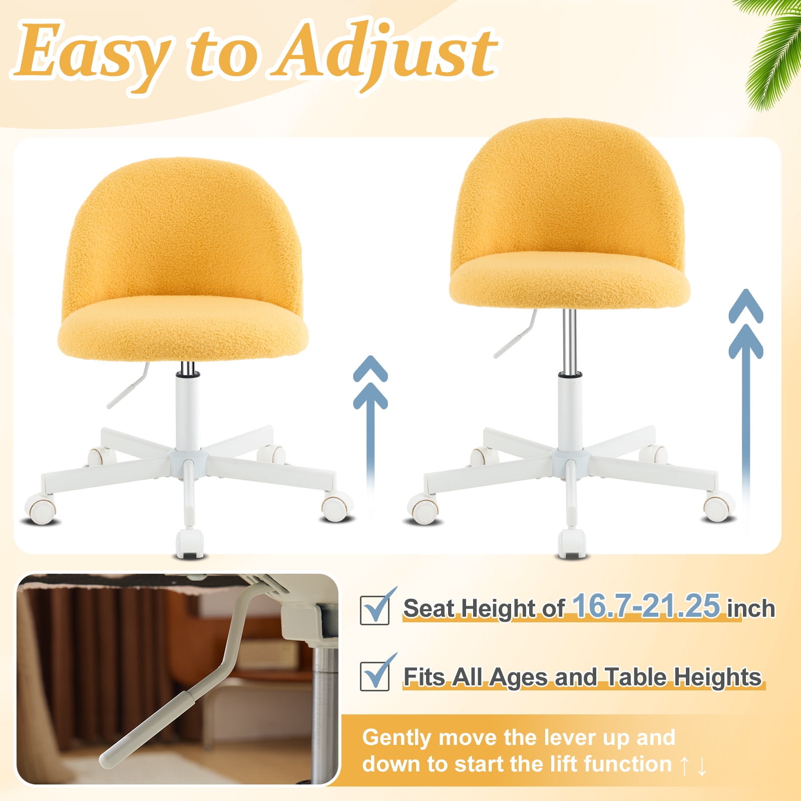 Ktaxon Armless Home Office Desk Chair Cute Mid Back Vanity Stool Teddy Velvet Swivel Task Chairs with Wheels Yolk Yellow