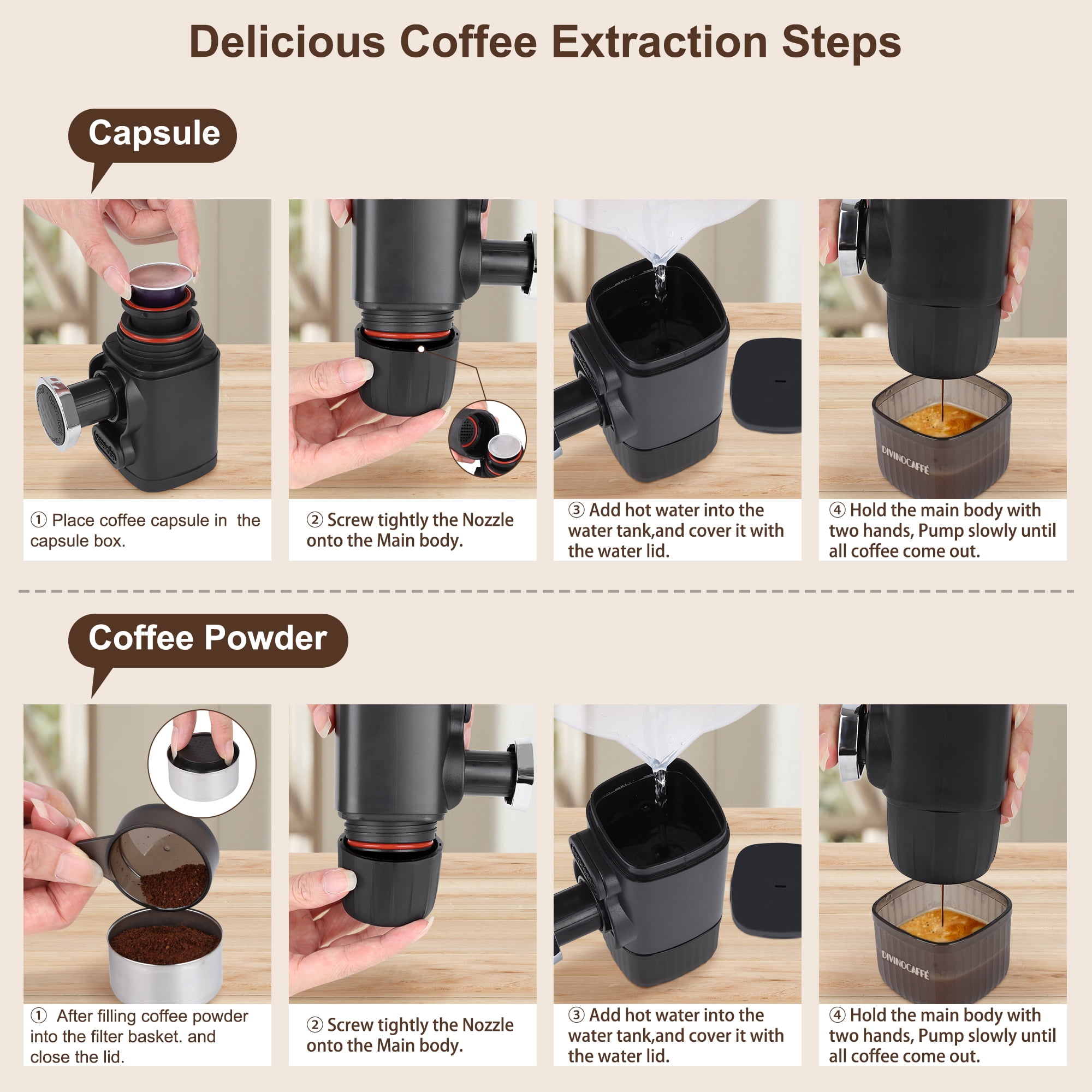Portable Mini Espresso Machine, Compatible for Capsules and Coffee Powder, 18 Bar Pressure, Manual Operation, Essential for Camping Trips