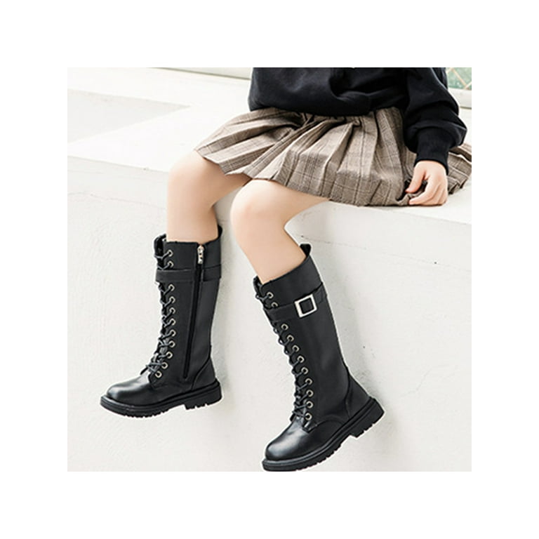 Daeful Kids Knee High Boots Lug Sole Tall Booties Buckle Strap Riding Boot Lace Up Side Zipper Bootie Girls Non Slip Winter Shoes Black 13little kids