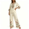 thumbnail image 5 of Floleo Women Boho Two Piece Outfit V Neck 3/4 Sleeve Floral Print Top Wide Leg Pants Vacation Matching Set, 5 of 7