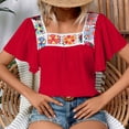thumbnail image 2 of Felirenzacia Women's Boho Floral Embroidered Blouse Square Neck Flutter Sleeve Crinkle Blouse, Tunic Summer Pullover Tops Red,L, 2 of 9