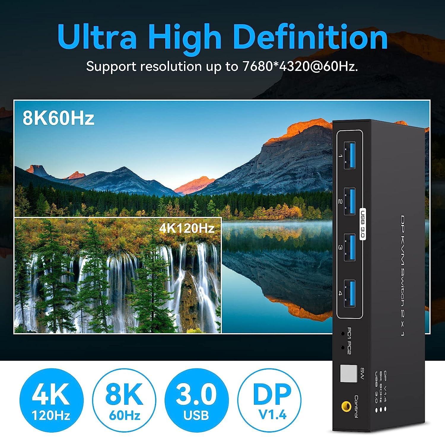 2 Port Displayport KVM Switch Support 8K60Hz 4K120Hz, USB 3.0 DP1.4 KVM Switch for 2 Computers Share 1 Monitor with 4 Port USB 3.0 Hub Includes Desktop Control and 2xUSB Cables