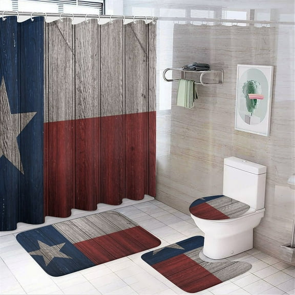Western Texas Star Vintage Style Stars On Wood Panel Print Rustic (1) Shower Curtain Set Modern Bathroom Decor Mats 4pcs Fabric Bathroom Curtain Slip Floor Rug Toilet Lid