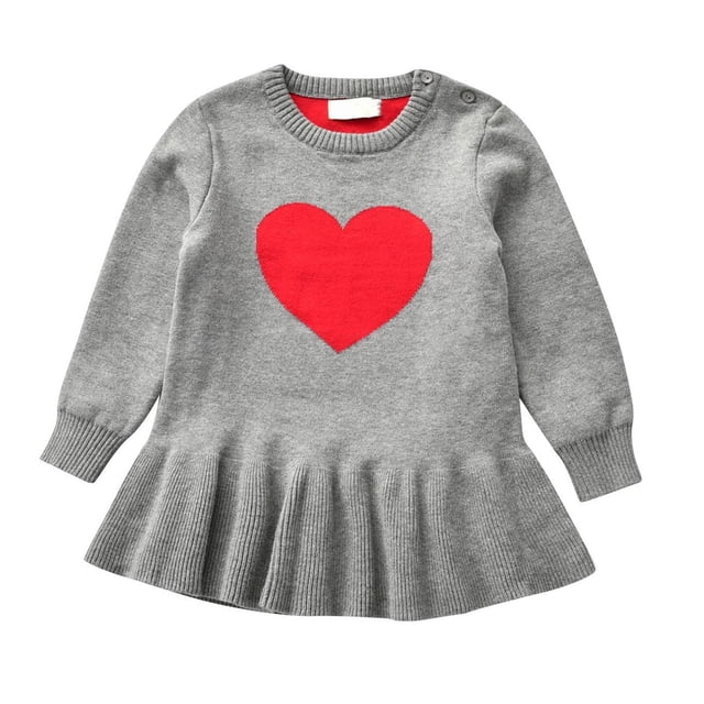 Odeerbi Niñas Primavera Otoño Vestido Sudadera Día de San Valentín Vestido Punto Corazón Estampado Cuello Redondo Manga Larga Vestido Plisado