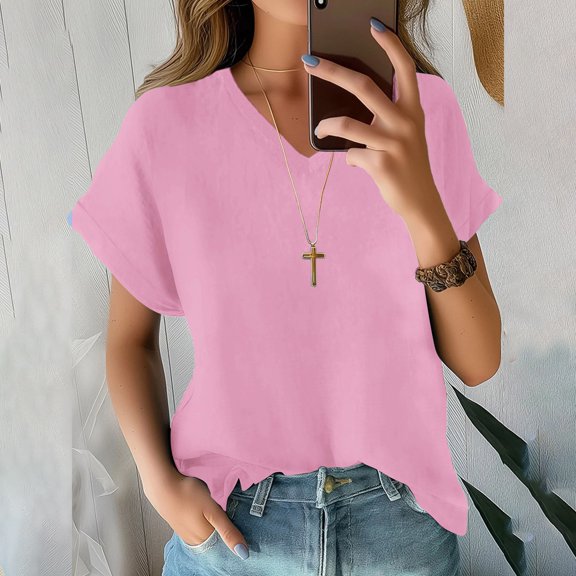 Tittly T Shirts for Women Spring Tops for Women Women's V Neck Batwing Sleeve Tops Summer Basic Short Sleeve T Shirts Loose Fit Tees 2025 Tshirts Shirts Basic Tees Pink 4XL