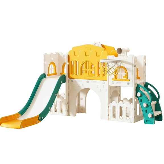 Bibana 7 in 1 Toddler Slide,Kids Climber Slide with Storage Space and Non-Slip Steps, Toddler Playset with Basketball Hoopa and Telescope, Indoor Outdoor Playground for Toddlers