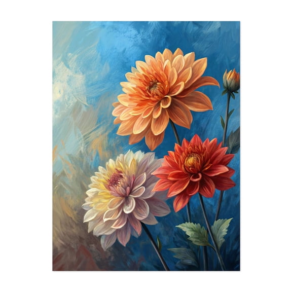 Vibrant Dahlias on a Blue Canvas - Illustration Floral Flowers Botanical Modern Art Nature Garden Unframed Wall Art Print 5 x 7 inches