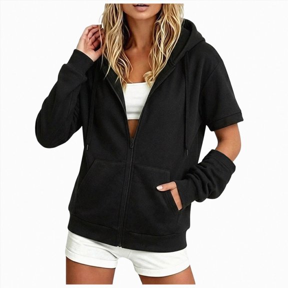 UOCUFY Womens Zip Up Hoodies 2026 Y2K Casual Long Sleeve Zipper Sweatshirts Fall Winter Comfy Track Jackets with Pockets (Black, XL)