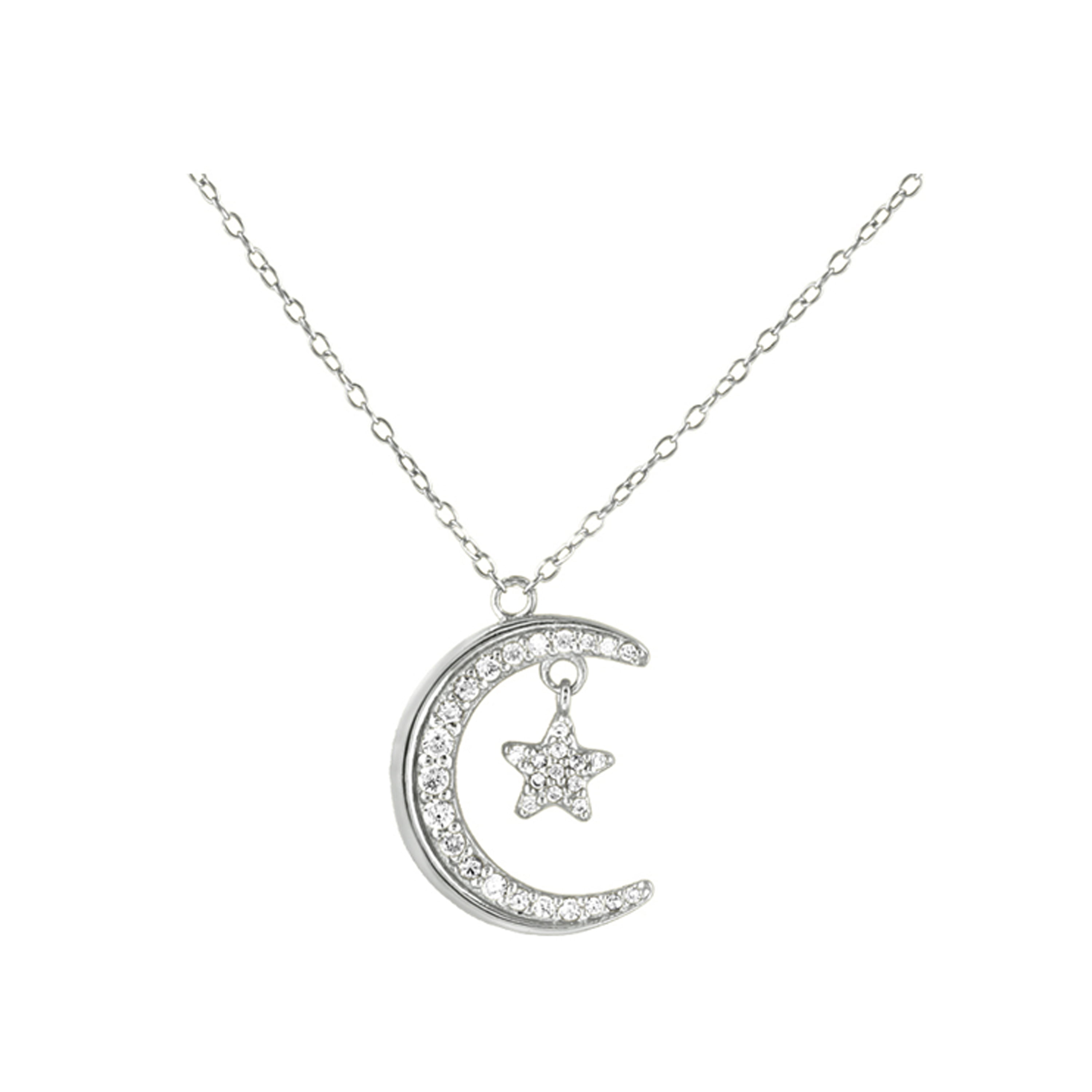 16 Length 925 Sterling Silver Rhodium-plated Celestial Moon with 2in ext Necklace 