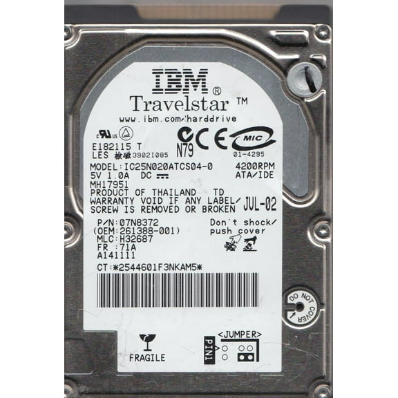 IC25N020ATCS04-0, PN 07N8372, MLC H32687, IBM 20GB IDE 2.5 Hard Drive