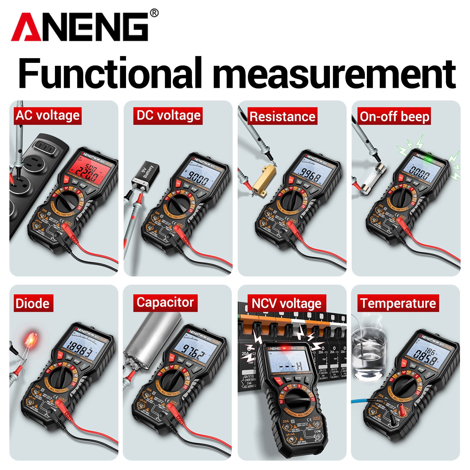 ANENG Digital Multimeter SZ12 True RMS 20000 Counts AC/DC Voltage Current NCV Detection Double Fuse Silicone Anti-Drop Case 1-Pack