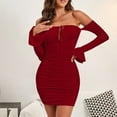 thumbnail image 2 of Youyipin womens dresses Womens Sexy Off Shoulder Bodycon Mini Dress Long Sleeve Halter Ruched Slinky Party Club summer dresses for women 2025, 2 of 9