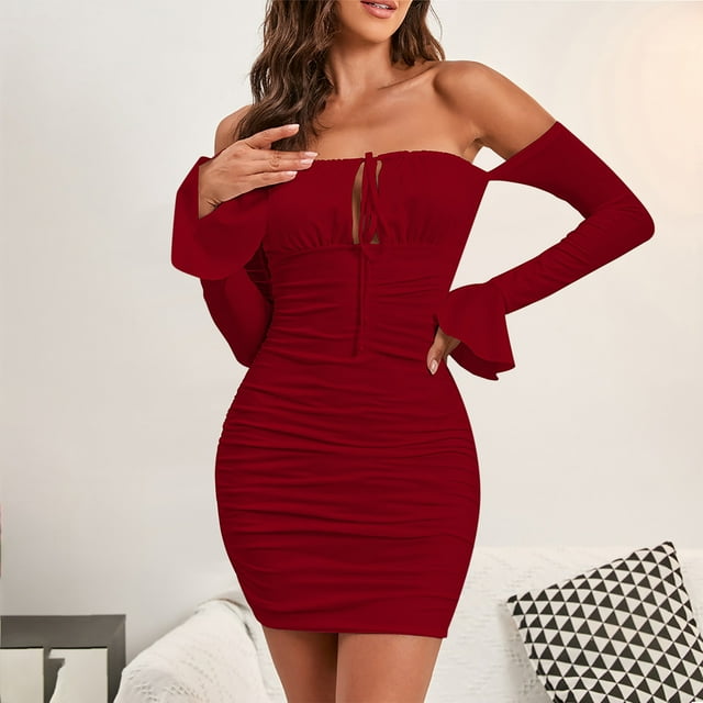 Robes Femmes DYTTDG Robe pour Femme à Lacets à une Bretelle à Manches Longues Décontractée de Plage Moulante Mini Robe Cadeau pour Adultes Vin,G