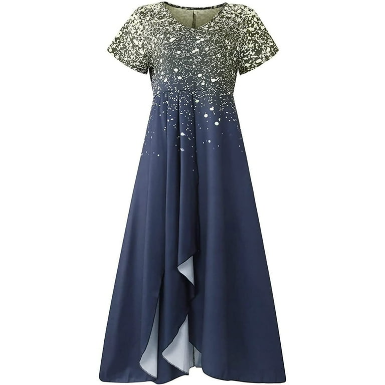 sachin and babi light blue dress Drindf Women's Summer Plus Size Long Dress Casual Pleated Chiffon Tunic  A-Line Boho Dress Trendy Sequin V Neck Short Sleeve Prom Dress Loose Slim  Fit