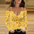 thumbnail image 2 of WREESH Womens Fashion Off The Shoulder Tops Slim V Neck Casual Patchwork Color Printing T-Shirts Long Sleeve Pullover Blouse Tops Yellow, 2 of 5