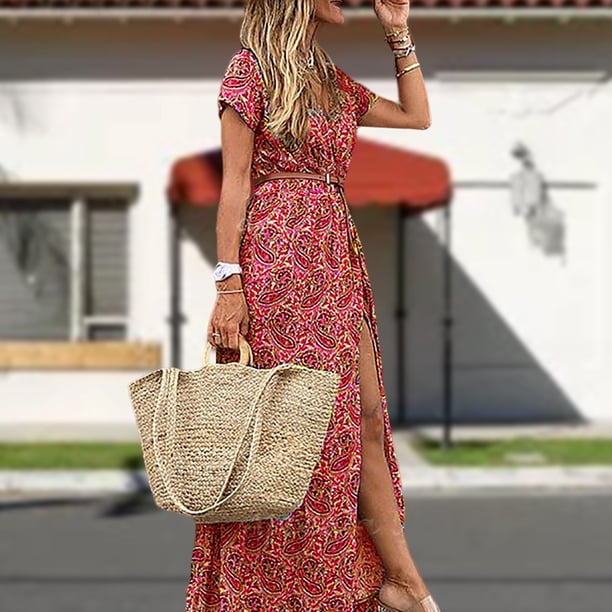 Faldas largas Vestido largo de playa boho para mujer Vestido dividido de manga corta con estampado (Rojo sandía XXL) Cgtredaw Melon rojo T XXL para Mujer